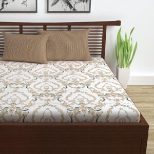 Double Size Bedsheet for Double Bed, 144 TC Pure Cotton Queen Size with 2 Pillow Covers | 222 by 254 cm | Floral | Ivory Gold