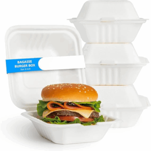 Paper Pack of 50 Burger Boxes Takeaway Bagasse Sugarcane White Boxes Microwave and Freezer Safe, 6Inch(15cm)