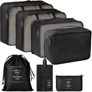 Travel Organizer 7 in 1 Travel Laundry Cosmetics Luggage Packing Organizers Set Makeup Bags Organizer Packing Cubes with Shoe Bag for Travel, Nylon (Black)