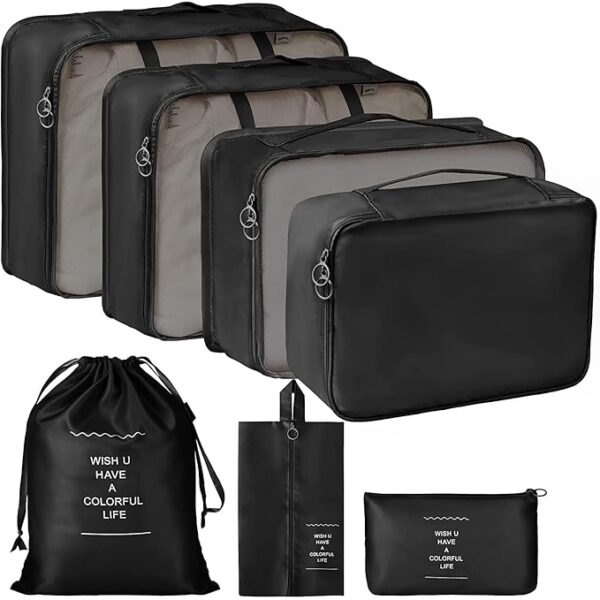 Travel Organizer 7 in 1 Travel Laundry Cosmetics Luggage Packing Organizers Set Makeup Bags Organizer Packing Cubes with Shoe Bag for Travel, Nylon (Black)