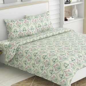 Pure Cotton Queen Size Floral Bedsheet with 2 Pillow Cases, 186 TC Bedsheet for Double Bed, 90X100 Inches Bed Sheet-Green Blossom