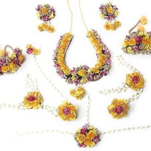 INDIA Balika Vadhu Jewellery Designer Yellow Pink Jwellery Set for Women & Girls (Mehandi/Haldi /Bridal/Baby Shower/Marriage (9 pcs)