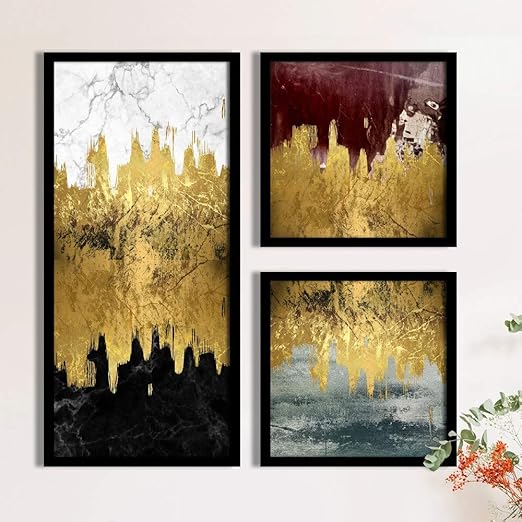 Abstract Wave Framed Painting/Posters for Room Decoration, Set of 3 Black Frame Art Prints/Posters for Living Room (1 Units 22 x 47 cm, 2 Units 22 x 22 cm)