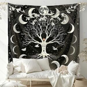 Tree of Life Tapestry Wall Hanging, Black and White Celestial Design, Mystical Wall Art (Polyster Febric 48 X 48 Inch) TPS-29