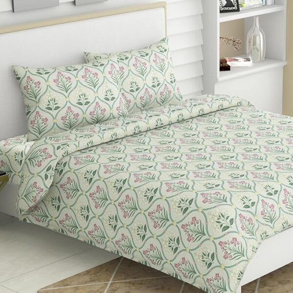 Pure Cotton Queen Size Floral Bedsheet with 2 Pillow Cases, 186 TC Bedsheet for Double Bed, 90X100 Inches Bed Sheet-Green Blossom