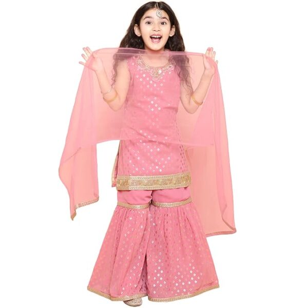 Girls Sharara Kurta Set | Georgette Sleeveless Kurti Set | Ethnic Wear for Girls | Foil Printed Sharara Suit | Stylish Kids Kurta for Festivals Weddings & Special Occasions