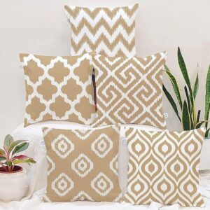 Set of 5 Polycotton Cushion Covers ? 16x16 Inches ? Beige & White Ikat Geometric Print ? Elegant Cushion Covers for Sofa & Living Room D?cor