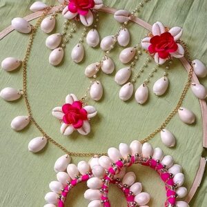 Cowrie Shell & Artificial pink Floral Jewellery, Necklac with Maang Tika and Earrings, Bangles (2.5 inches) for Women and Girls.(Pink)