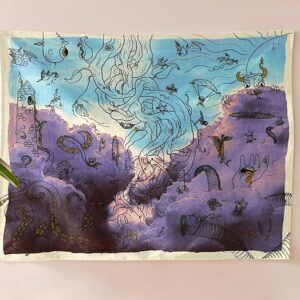 Doodles Cotton Wall Hanging Tapestry | 36 x 42 Inches | Bohemian Style Home Decor | Colorful Clouds | 100% Cotton