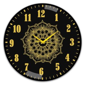 Big Decorative Designer Latest and Stylish Glass Digital Wall Clock Suitalbe for Living Room Hall Bedroom, Silent Non Ticking and Noiseless Clock,Mandala Design,Gold Black, Size 12 Inch