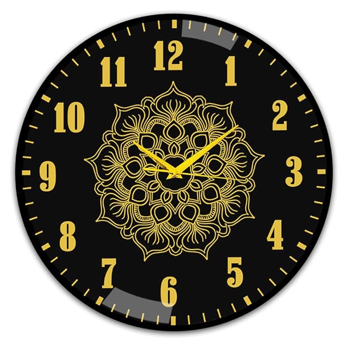 Big Decorative Designer Latest and Stylish Glass Digital Wall Clock Suitalbe for Living Room Hall Bedroom, Silent Non Ticking and Noiseless Clock,Mandala Design,Gold Black, Size 12 Inch