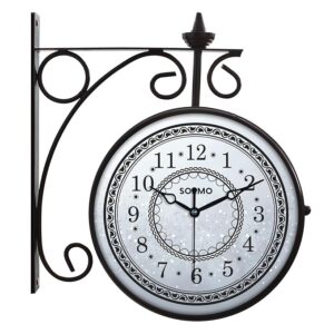 Double Sided Vintage Station Wall Clock, one Side Roman and Other Side Numeral dial (8 Inches, Black) Metal, Analog