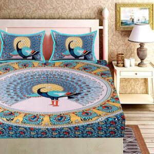Pure 100% Cotton Double Bed Sheet with 2 Pillow Covers (Bedsheet for Double Bed Cotton, Green More Jaipuri, King Size,731)