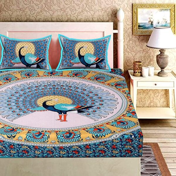 Pure 100% Cotton Double Bed Sheet with 2 Pillow Covers (Bedsheet for Double Bed Cotton, Green More Jaipuri, King Size,731)