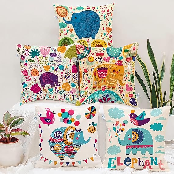 Set of 5 Polycotton Cushion Covers ? 16x16 Inches ? Multicolor Elephant & Jungle Print ? Playful Cushion Covers for Kids Room, Sofa & Living Room D?cor