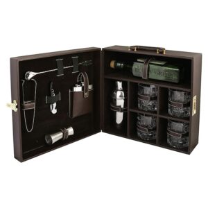 Portable Bar Set | Portable Leatherette Bar Set | Wine Case | Whisky Case | Portable Bar Accessories Set (Holds 01 Bottle & 04 Whisky Glasses) (Brown & Brown)
