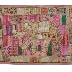Rajasthani Handmade Heavy Elephant Embroidery Cotton Patchwork Tapestry Cotton Wall Decor Hanging Beaded Tapestries Home Living Room Decor 40 x 60 Inch (Beige)