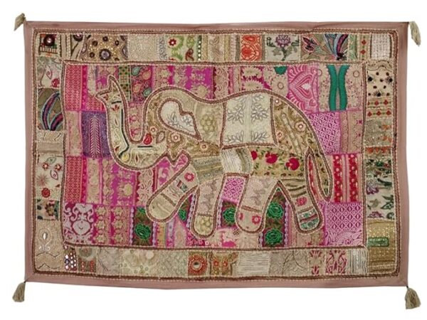 Rajasthani Handmade Heavy Elephant Embroidery Cotton Patchwork Tapestry Cotton Wall Decor Hanging Beaded Tapestries Home Living Room Decor 40 x 60 Inch (Beige)