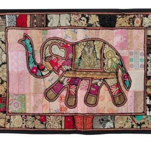 Handmade Heavy Elephant Embroidery Cotton Patchwork Tapestry Cotton Wall Decor Hanging Beaded Tapestries Home Living Room Decor 40 x 60 Inch (Black)