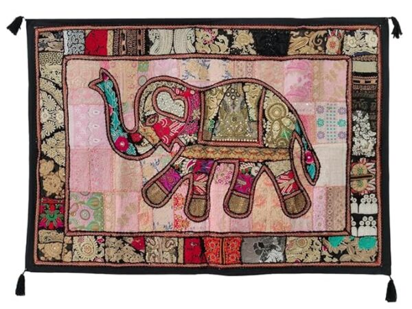 Handmade Heavy Elephant Embroidery Cotton Patchwork Tapestry Cotton Wall Decor Hanging Beaded Tapestries Home Living Room Decor 40 x 60 Inch (Black)