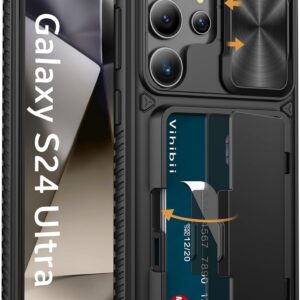 Galaxy S24 Ultra Back Cover with Card Holder (4 Cards) & Slide Camera Cover & Kickstand, Rugged Hard Back & TPU Soft Edge Case for Galaxy S24 Ultra 5G 6.8" 2024, Black