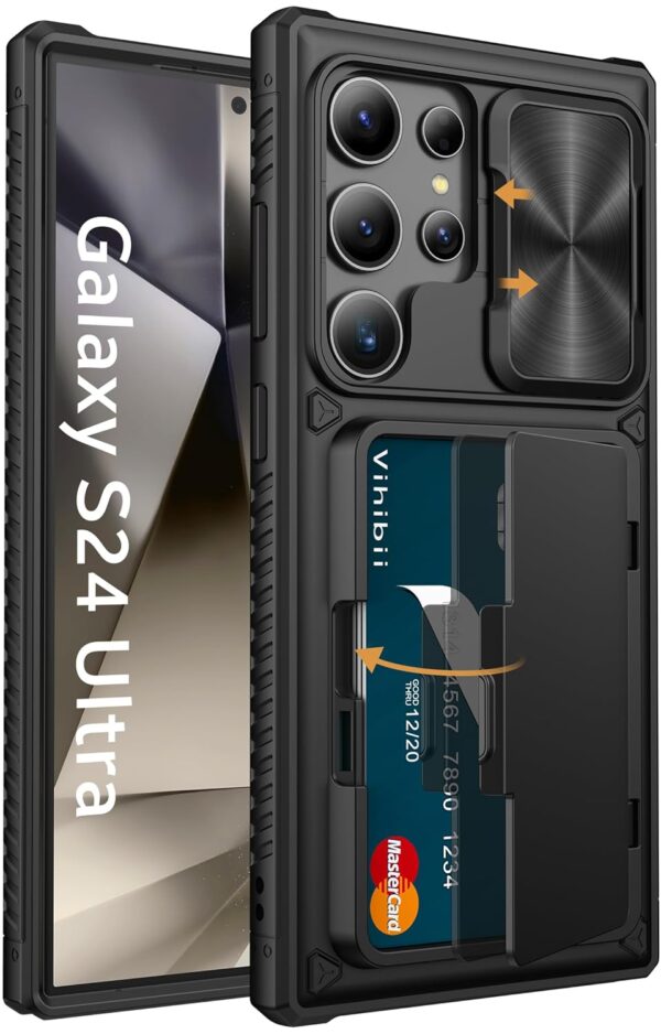 Galaxy S24 Ultra Back Cover with Card Holder (4 Cards) & Slide Camera Cover & Kickstand, Rugged Hard Back & TPU Soft Edge Case for Galaxy S24 Ultra 5G 6.8" 2024, Black