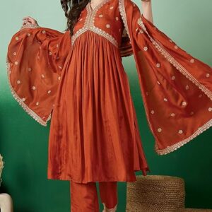 Women's Orange Vichitra Silk Alia Cut Kurta Set with Zari Sequence Chain Work, Pant & Dupatta | Kurta with Embroidery for Women