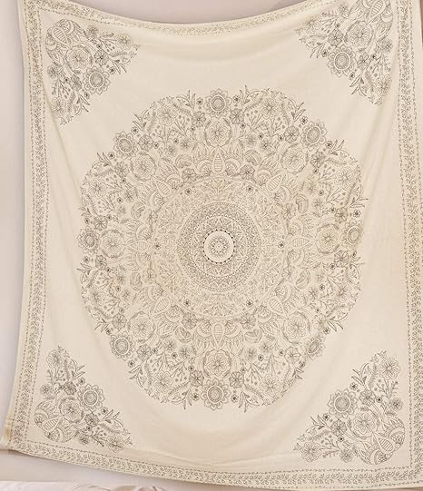 Tapestry Wall Hanging, Medallion Indian Cotton Printed Floral Art, Wall D?cor Tapestries - Large, Beige, 3.94 Inch