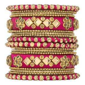 Pink Silk Thread Fabric and Stone Studded Kundan Chura Chuda Ethnic Bangle Set Gift for Women Girls 2.6"