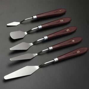 Palette Painting Knives - Set of 5 Various Sizes & Shapes, Stainless Steel Scraper Spatula with Polished Brown Handle for Artist Canvas Oil Paint Mixing colour