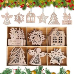 30 Pcs Tree Wooden Ornaments, DIY Wood Christmas Hanging Pendant Crafts With Ropes, Unfinished Decoration 6 Style (5 Pcs Each Style)