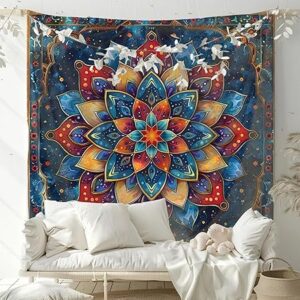Mandala Tapestry Wall Hanging, Bohemian Floral Design, Blue and Orange Cosmic Pattern, Home D?cor Tapestry (Polyster Febric 48 X 48 Inch) TPS-31