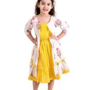 Girls Yellow Striped Cotton Midi Dress With Printed Shrug (Yellow)