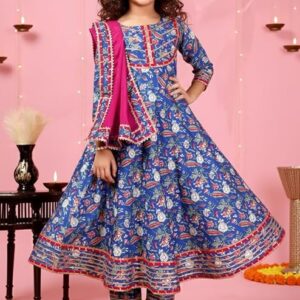 Rayon Floral Pattern Anarkali Dress Dhoti Dupatta Set with 3/4 Sleeve Round Neck Knee Length and Pull On Closure Type Fit & Flare| Dress for Girl's