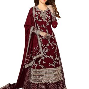 Women's Faux Georgette Semi-Stitched Top With Stitched Bottom and Dupatta Embroidered Straight Kurta Dress Material (Kurta Palazzo Set)