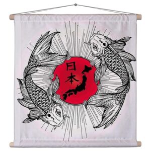 Fish Koi Carp With Japanese Flag Canvas Fabric Painting Tapestry | Scroll Art Hanging 18 x 18 inch (46 x 46 cms)