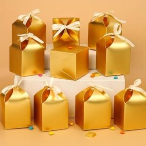 12 Pcs Multipurpose Decorative Paper Folding Gift Boxes with Ribbon | For Diwali,Wedding, Return Gifts, Birthday, Chocolates, Dry Fruits, Festive Favors (Golden)