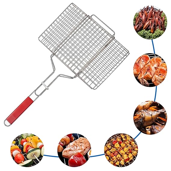 Mild Steel Portable Barbecue BBQ Grill Net Basket Roast Grilling Tray Plated with Wooden Handle (46.5 x 24 x 2 cm)