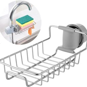 Sink Faucet Sponge Holder Caddy Organizer Over, Stainless Steel Heavy Duty Thickening Hanging Drain Rack for scrubbers, soap, Bathroom, Detachable no Suction Cup Bathroom soap Holder