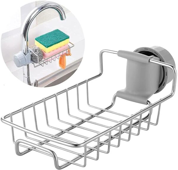 Sink Faucet Sponge Holder Caddy Organizer Over, Stainless Steel Heavy Duty Thickening Hanging Drain Rack for scrubbers, soap, Bathroom, Detachable no Suction Cup Bathroom soap Holder