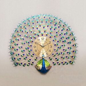 Decoration European Peacock Wall Clock Crystal Luxury Living Room Creative Personality Art, Metal, Blue, Birds, 7W x 72H Centimeters,Analog (Peacock)
