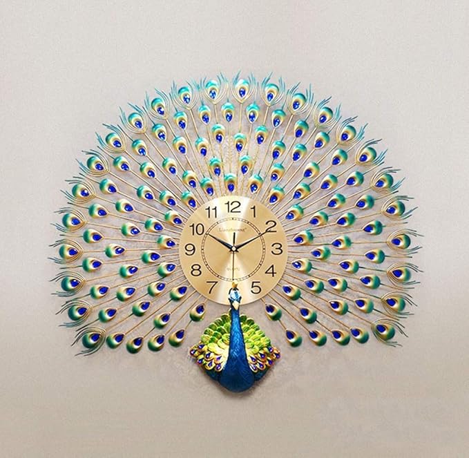 Decoration European Peacock Wall Clock Crystal Luxury Living Room Creative Personality Art, Metal, Blue, Birds, 7W x 72H Centimeters,Analog (Peacock)