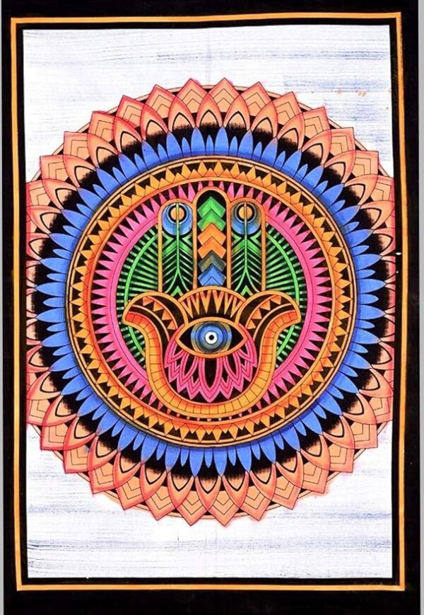 HANDICRAFTS Tapestry Good Luck Hamsa Fatima Hand Mandala Psychedelic Gypsy Hippie Boho Bohemian Cotton Wall Hanging Poster Room Lounge Window Decoration (40 X 30 Inches)