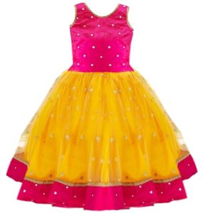Orange & Magenta Mirror Work Flared Net Sleeveless Lehenga Choli Set Pattupavadai for Girls