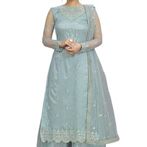 Women's Net Embroidery Salwar Suit Kurta Sharara Set with Dupatta Skyblue