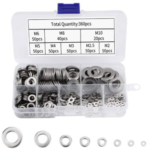 360Pcs 304 Stainless Steel Flat Washers for Screws Bolts, Fender Washers Assortment Set, Assorted Hardware Lock Metal Washers Kit 9 Sizes-M2 M2.5 M3 M4 M5 M6 M8 M10 for Home, Factories Repair