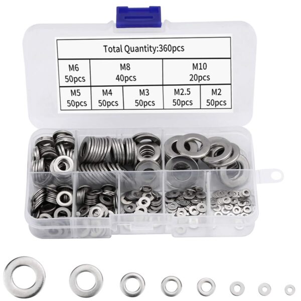 360Pcs 304 Stainless Steel Flat Washers for Screws Bolts, Fender Washers Assortment Set, Assorted Hardware Lock Metal Washers Kit 9 Sizes-M2 M2.5 M3 M4 M5 M6 M8 M10 for Home, Factories Repair