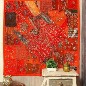 Cotton Embroidery Beaded Wall Hanging Wall Decor Patchwork Wall Hanging Tapestry (Orange)