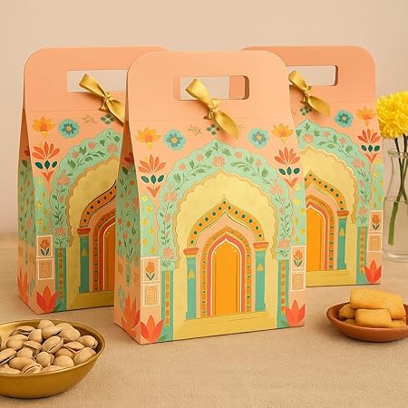 5 Pcs Small Multipurpose Foldable Decorative Rajwadi Hamper Boxes with Handle & Ribbon | Gifting & Gift Packaging for Diwali, Deepawali, New Year, Wedding, Birthday, Dry Fruits, Sweets (Peach)