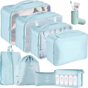 9 Pcs Packing Cubes, Travel Luggage Organizer For Men And Women, Toiletry Bag, Packing Cubes For Travel With Tooth Brush Holder- Set Of 9- Sky Blue
